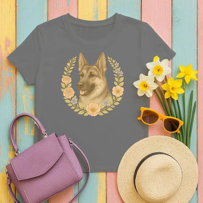German Shepherd Floral Wreath T-Shirts Black T-shirt