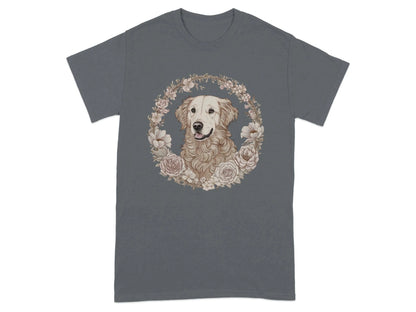 Golden Retriever Floral Wreath Dog Print T-Shirts Charcoal T-shirt