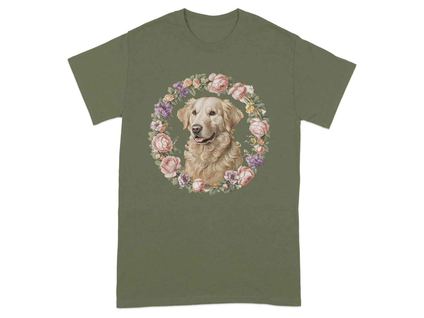 Golden Retriever Floral Wreath T-Shirts Military Green T-shirt