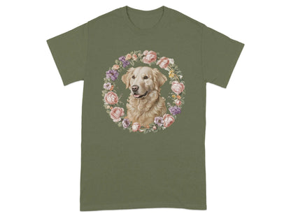 Golden Retriever Floral Wreath T-Shirts Military Green T-shirt