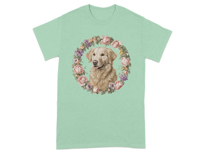 Golden Retriever Floral Wreath T-Shirts Mint Green T-shirt