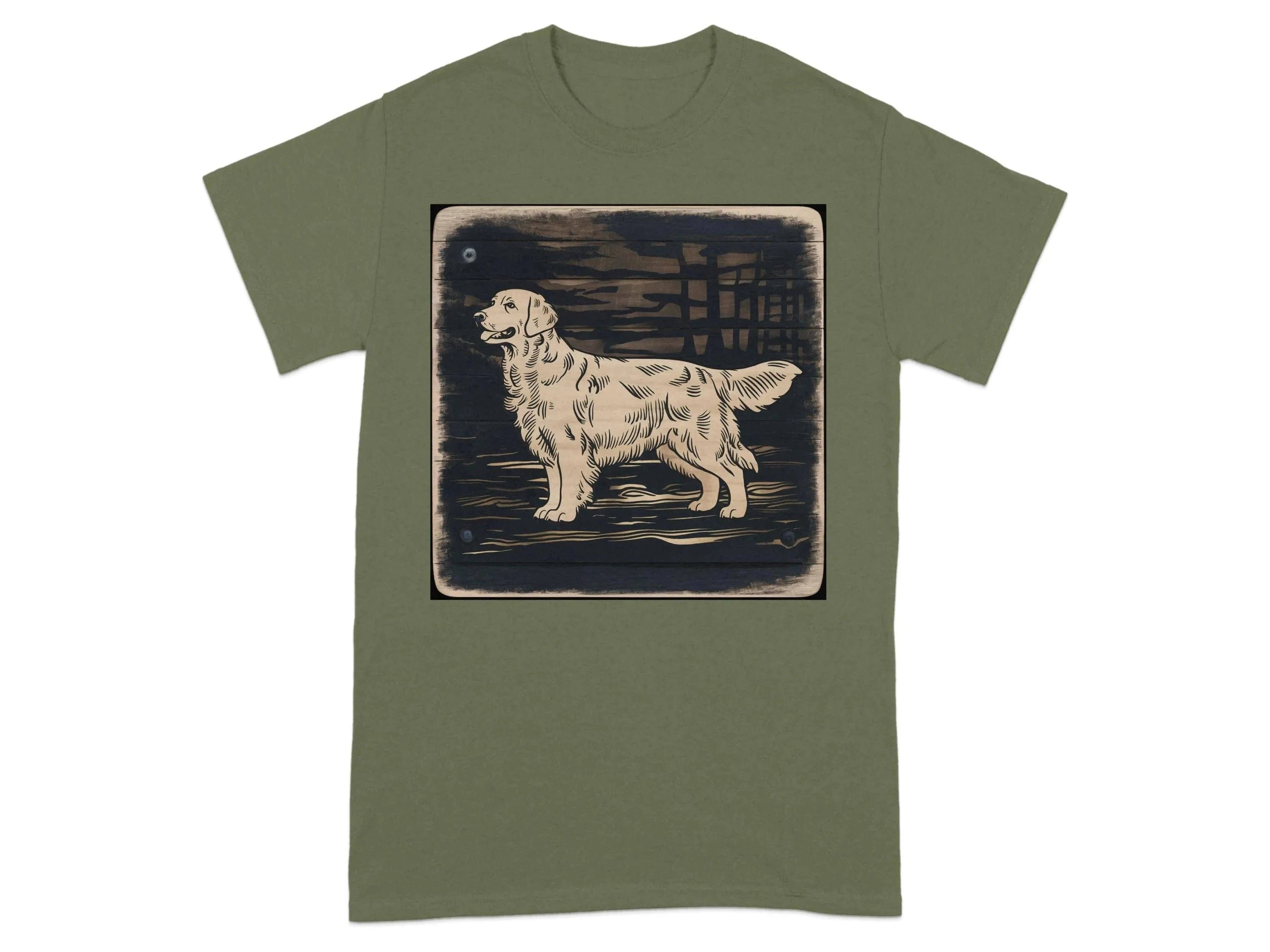 Golden Retriever Woodcut Style Graphic Print T-Shirts Military Green T-shirt