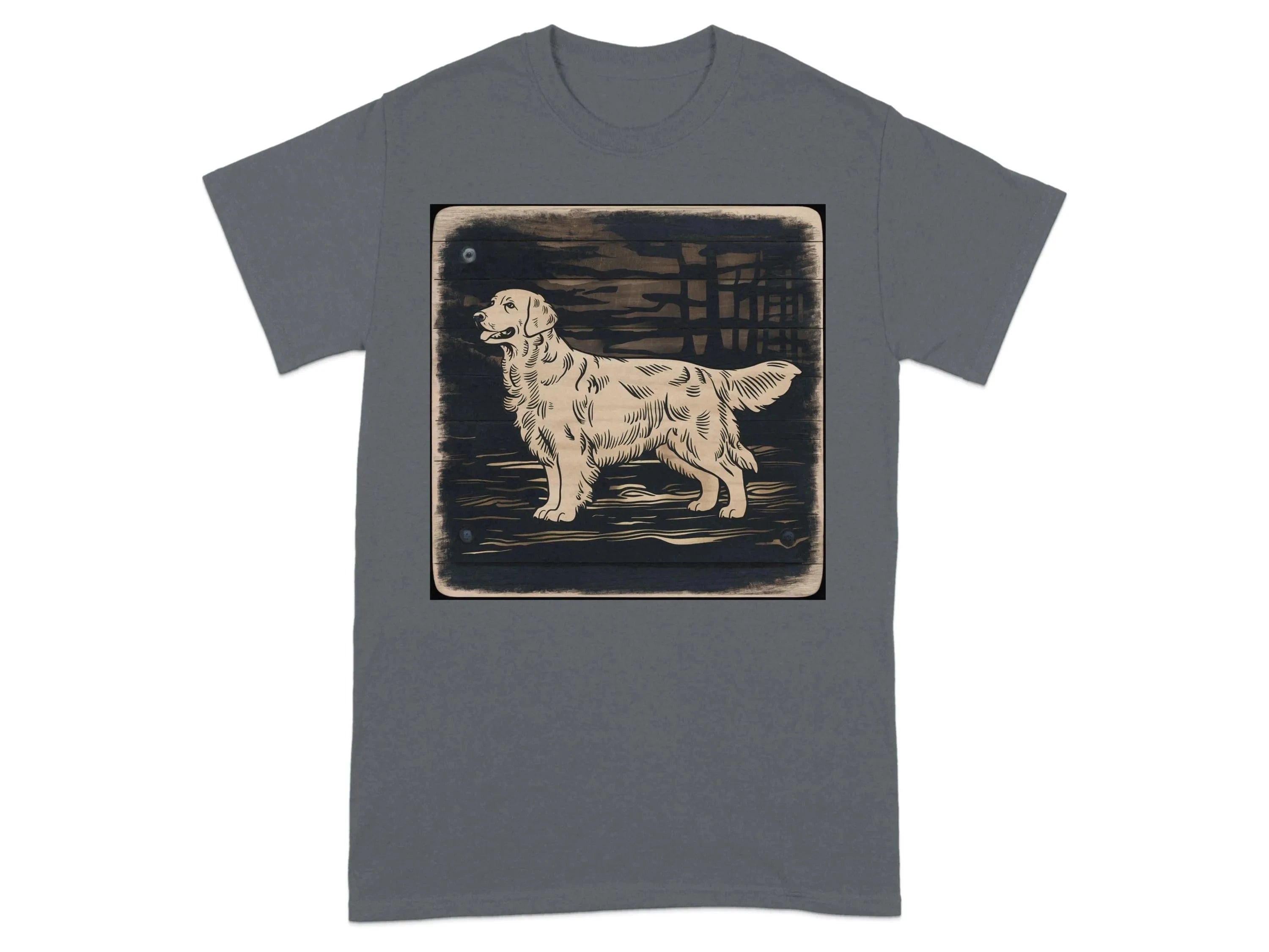 Golden Retriever Woodcut Style Graphic Print T-Shirts Charcoal T-shirt