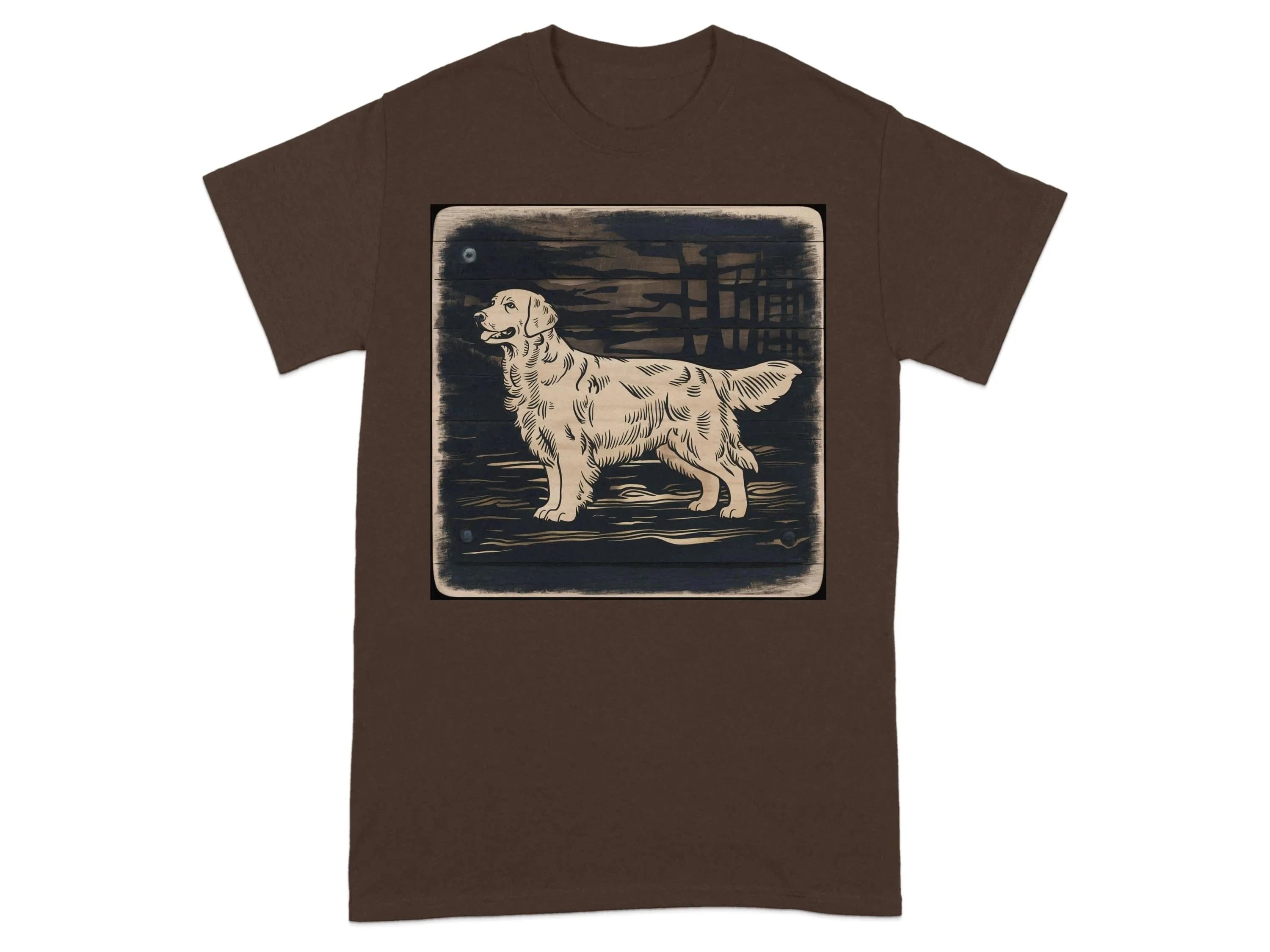 Golden Retriever Woodcut Style Graphic Print T-Shirts Dark Chocolate T-shirt