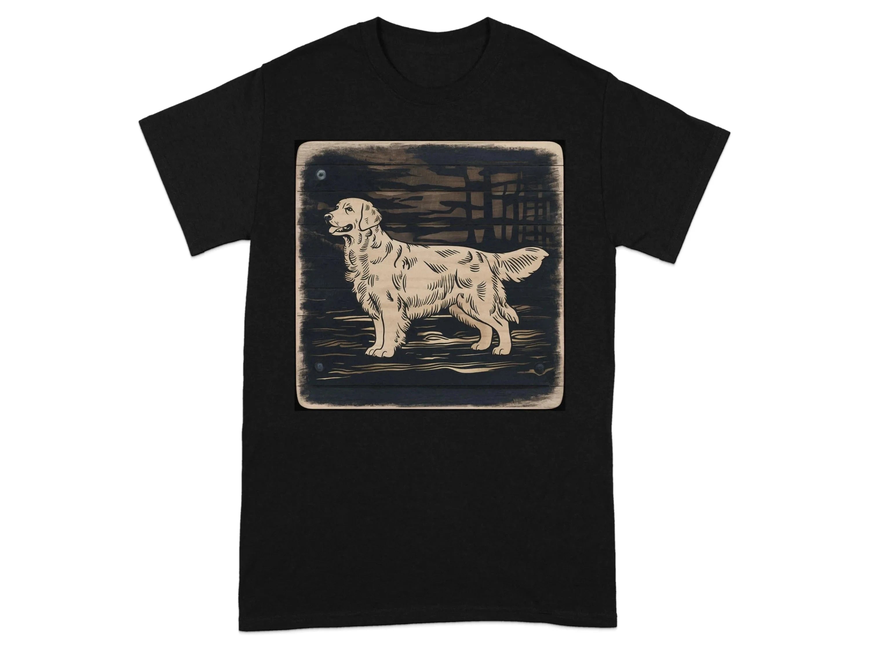 Golden Retriever Woodcut Style Graphic Print T-Shirts Black T-shirt
