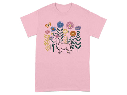 Golden Retriever and Colorful Floral Garden T-Shirts Light Pink T-shirt