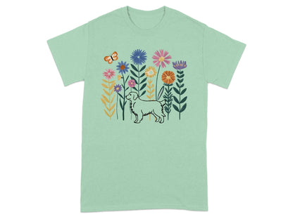 Golden Retriever and Colorful Floral Garden T-Shirts Mint Green T-shirt