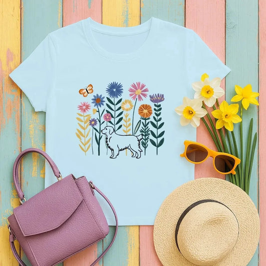 Golden Retriever and Colorful Floral Garden T-Shirts T-shirt