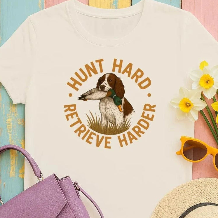 Hunt Hard Retrieve Harder Dog Duck Design T-Shirts Sand T-shirt