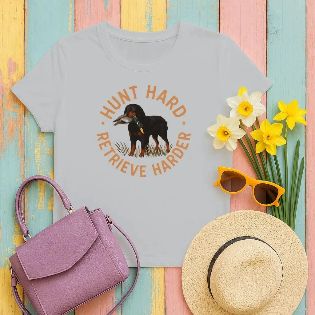 Hunt Hard Retrieve Harder Gordon Setter with Duck T-Shirts Gravel T-shirt