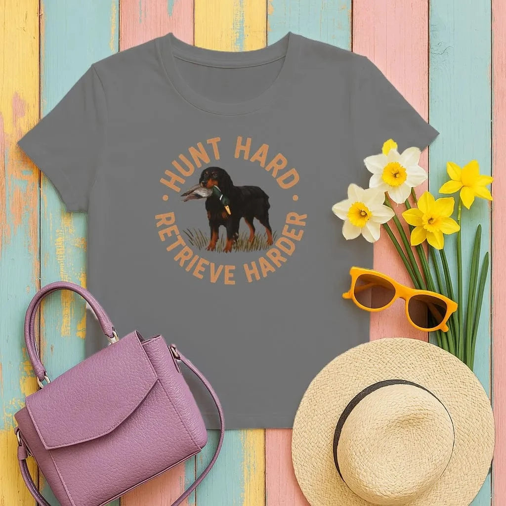 Hunt Hard Retrieve Harder Gordon Setter with Duck T-Shirts Black T-shirt