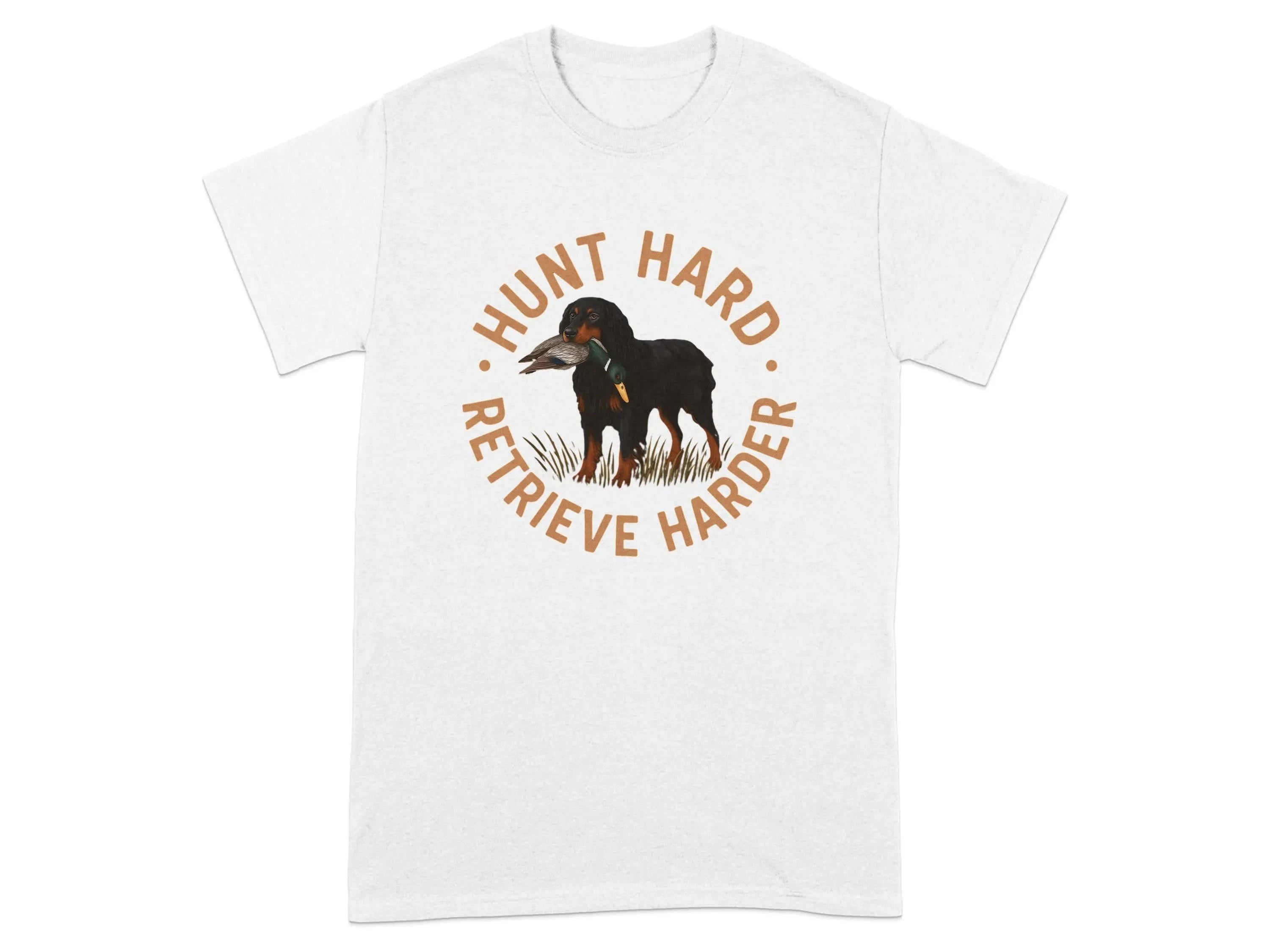 Hunt Hard Retrieve Harder Gordon Setter with Duck T-Shirts T-shirt