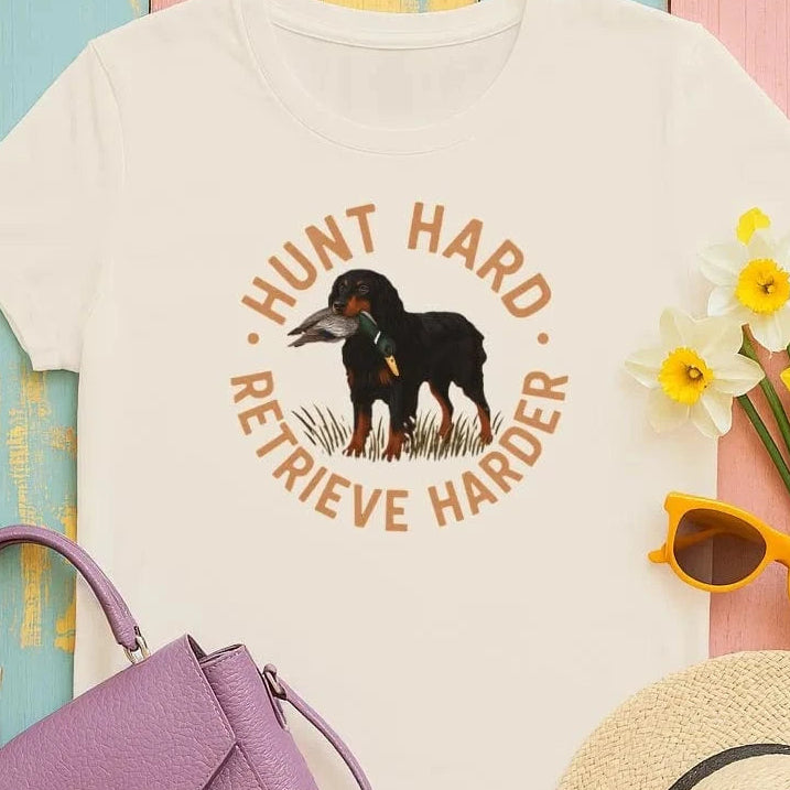 Hunt Hard Retrieve Harder Gordon Setter with Duck T-Shirts Sand T-shirt