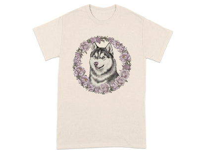 Husky Dog with Floral Wreath T-Shirts Natural T-shirt
