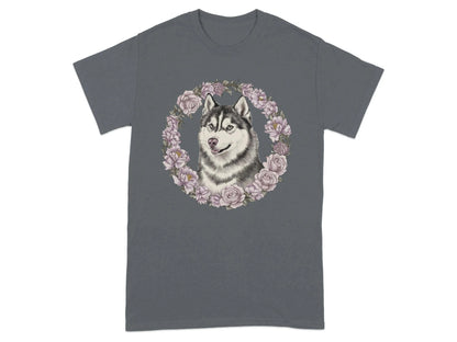 Husky Dog with Floral Wreath T-Shirts Charcoal T-shirt