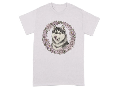 Husky Dog with Floral Wreath T-Shirts Ice Grey T-shirt