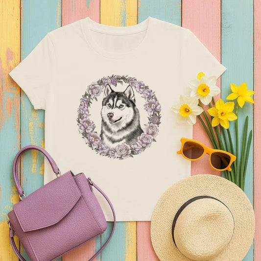 Husky Dog with Floral Wreath T-Shirts T-shirt