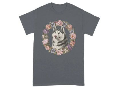 Husky Floral Wreath T-Shirts Charcoal T-shirt