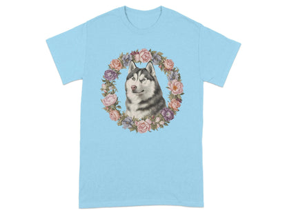 Husky Floral Wreath T-Shirts Sky T-shirt