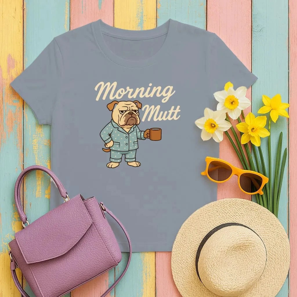 Morning Mutt Bulldog Cartoon Pajamas and Coffee Design T-Shirts Heather Navy T-shirt