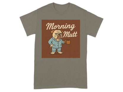 Morning Mutt Bulldog Cartoon Pajamas and Coffee Design T-Shirts T-shirt