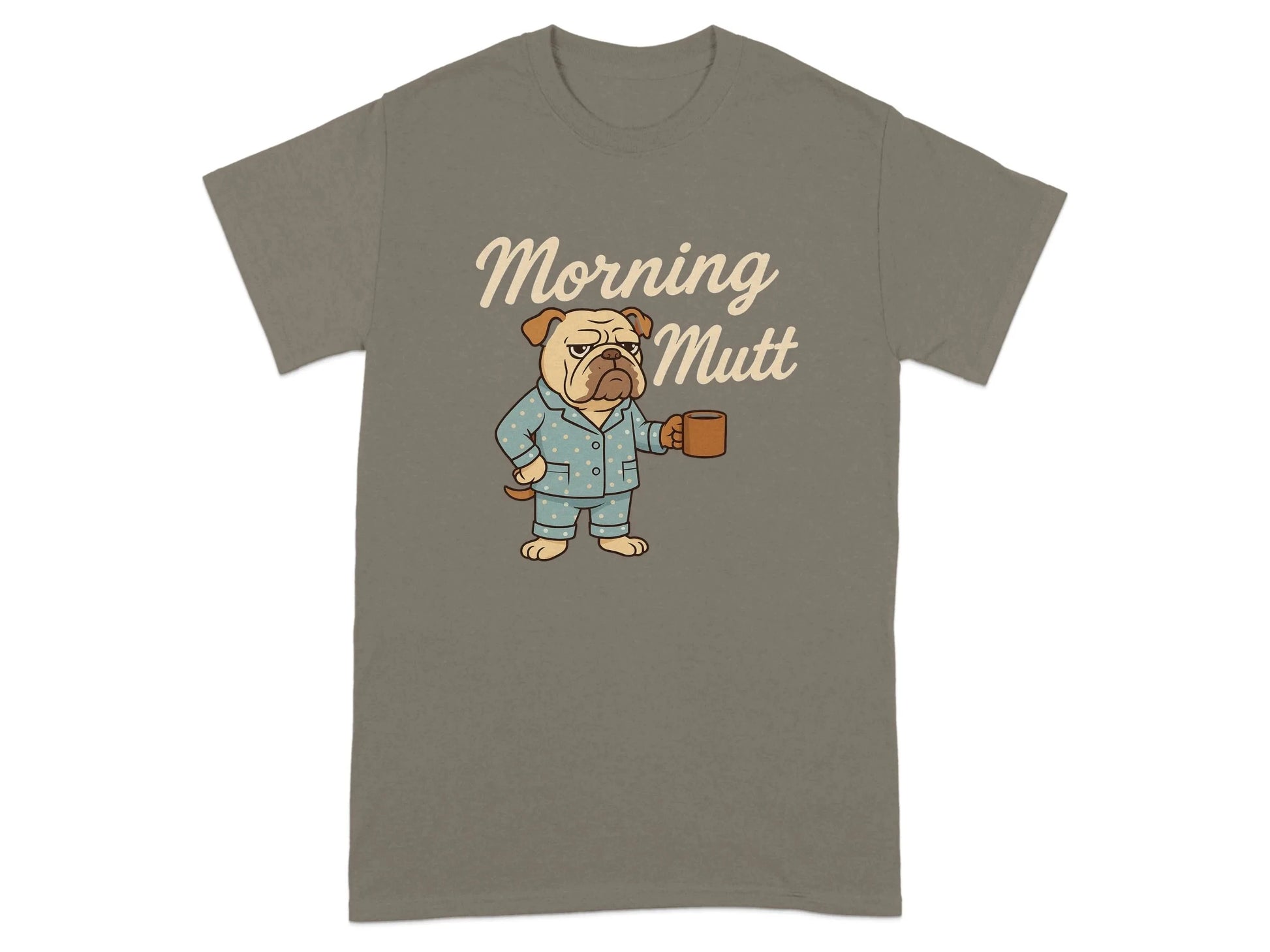 Morning Mutt Bulldog Cartoon Pajamas and Coffee Design T-Shirts T-shirt