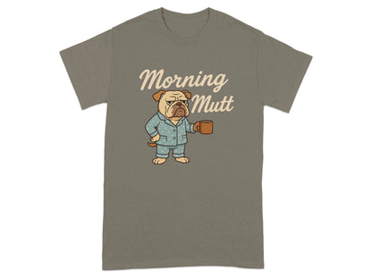 Morning Mutt Bulldog Cartoon Pajamas and Coffee Design T-Shirts T-shirt