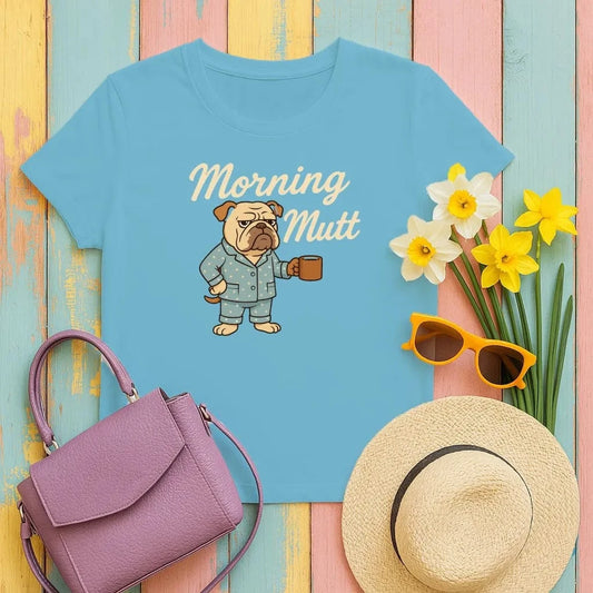 Morning Mutt Bulldog Cartoon Pajamas and Coffee Design T-Shirts Antique Sapphire T-shirt