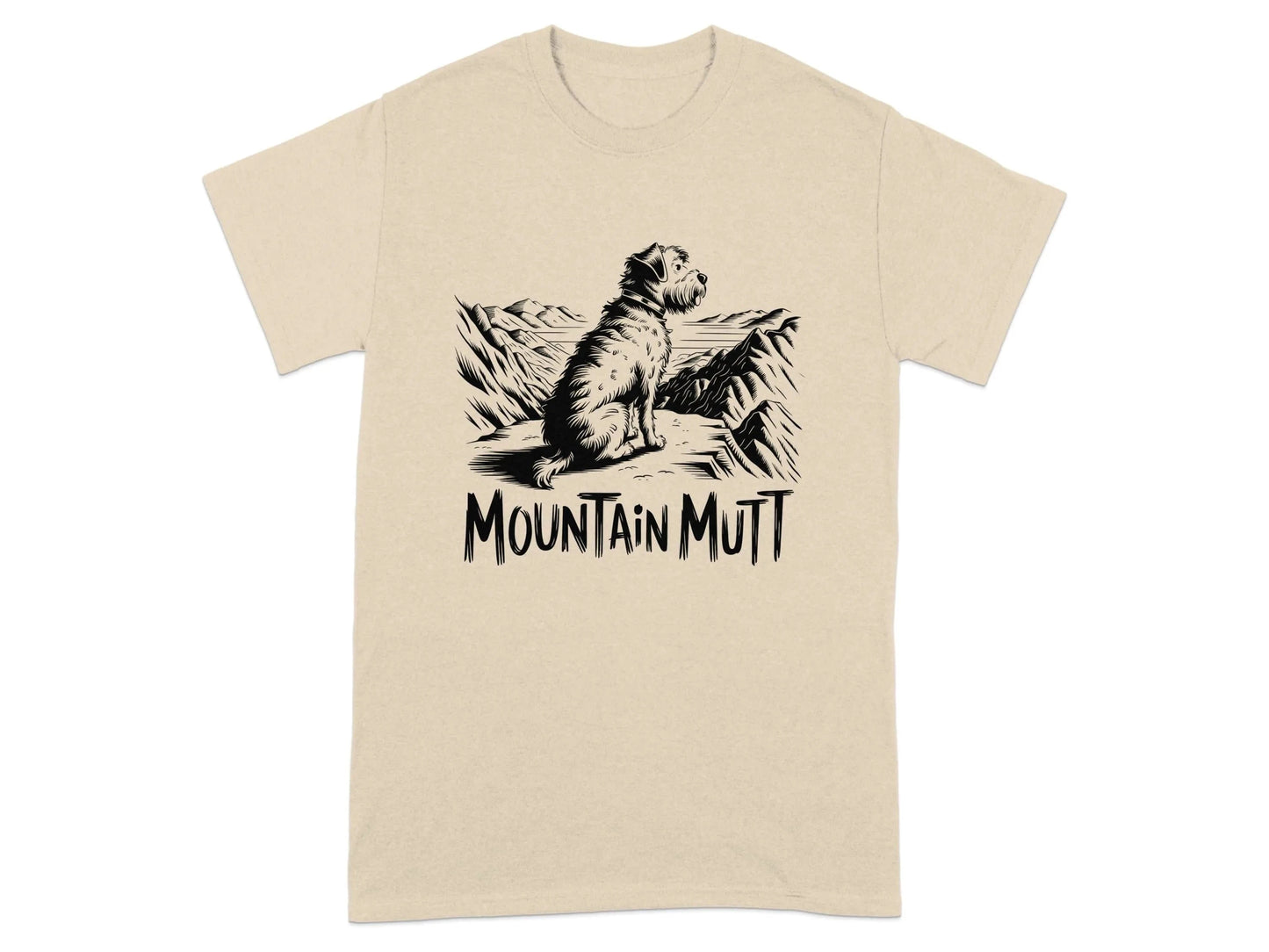 Mountain Mutt Sitting on Rock Adventure T-Shirts Sand T-shirt