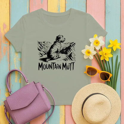 Mountain Mutt Sitting on Rock Adventure T-Shirts Military Green T-shirt