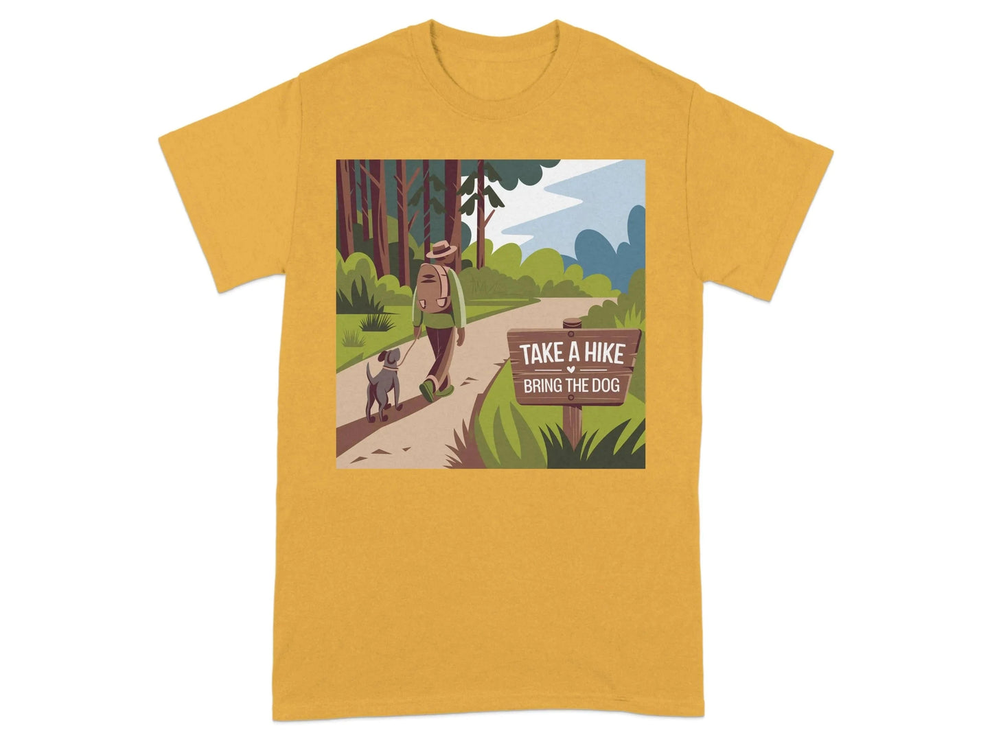 Scenic Forest Trail Print with Hiker and Dog T-Shirts T-shirt
