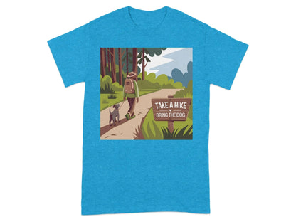 Scenic Forest Trail Print with Hiker and Dog T-Shirts Heather Sapphire T-shirt