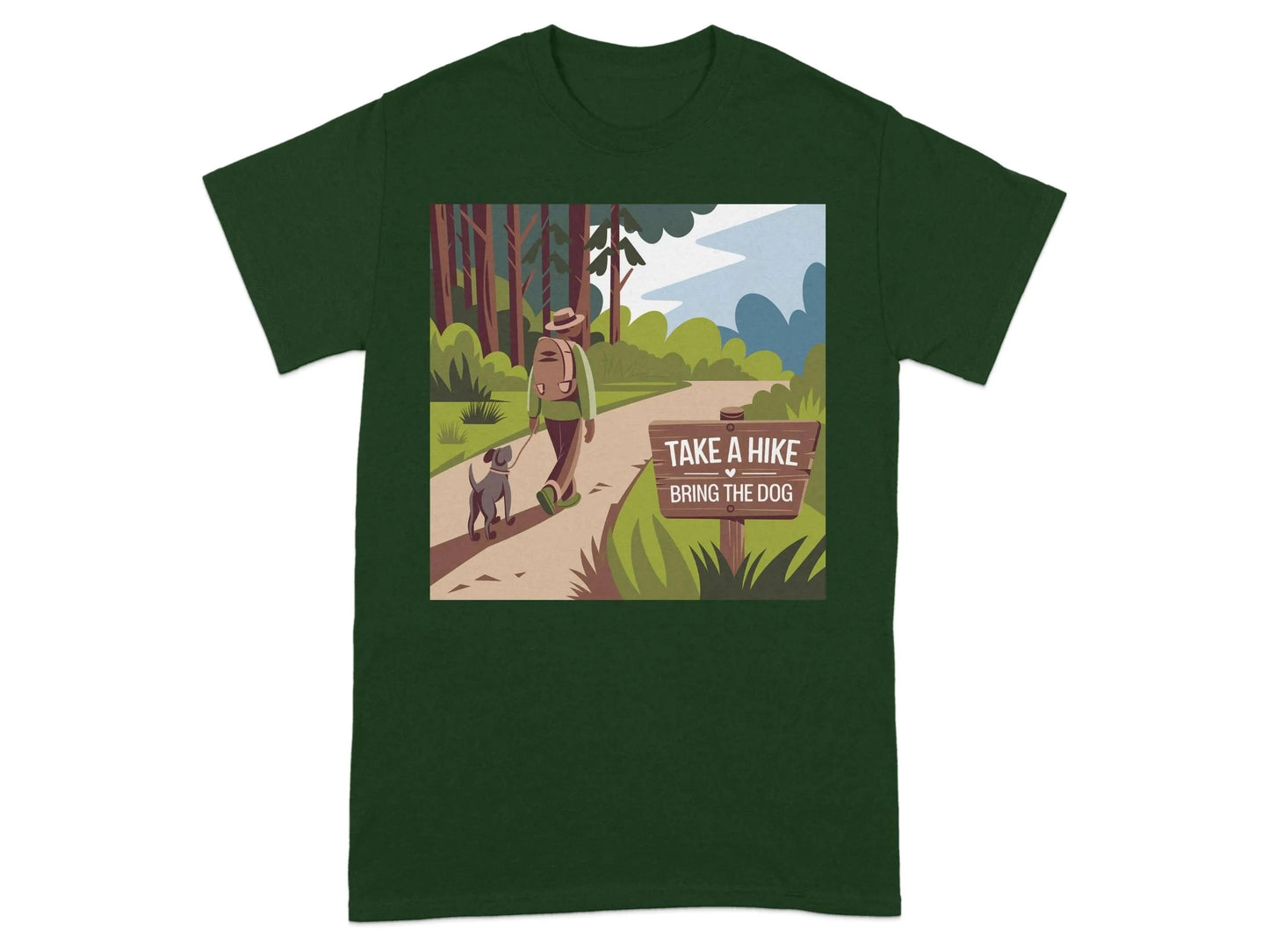 Scenic Forest Trail Print with Hiker and Dog T-Shirts Forest Green T-shirt