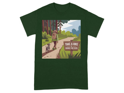 Scenic Forest Trail Print with Hiker and Dog T-Shirts Forest Green T-shirt