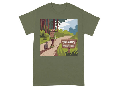 Scenic Forest Trail Print with Hiker and Dog T-Shirts Military Green T-shirt