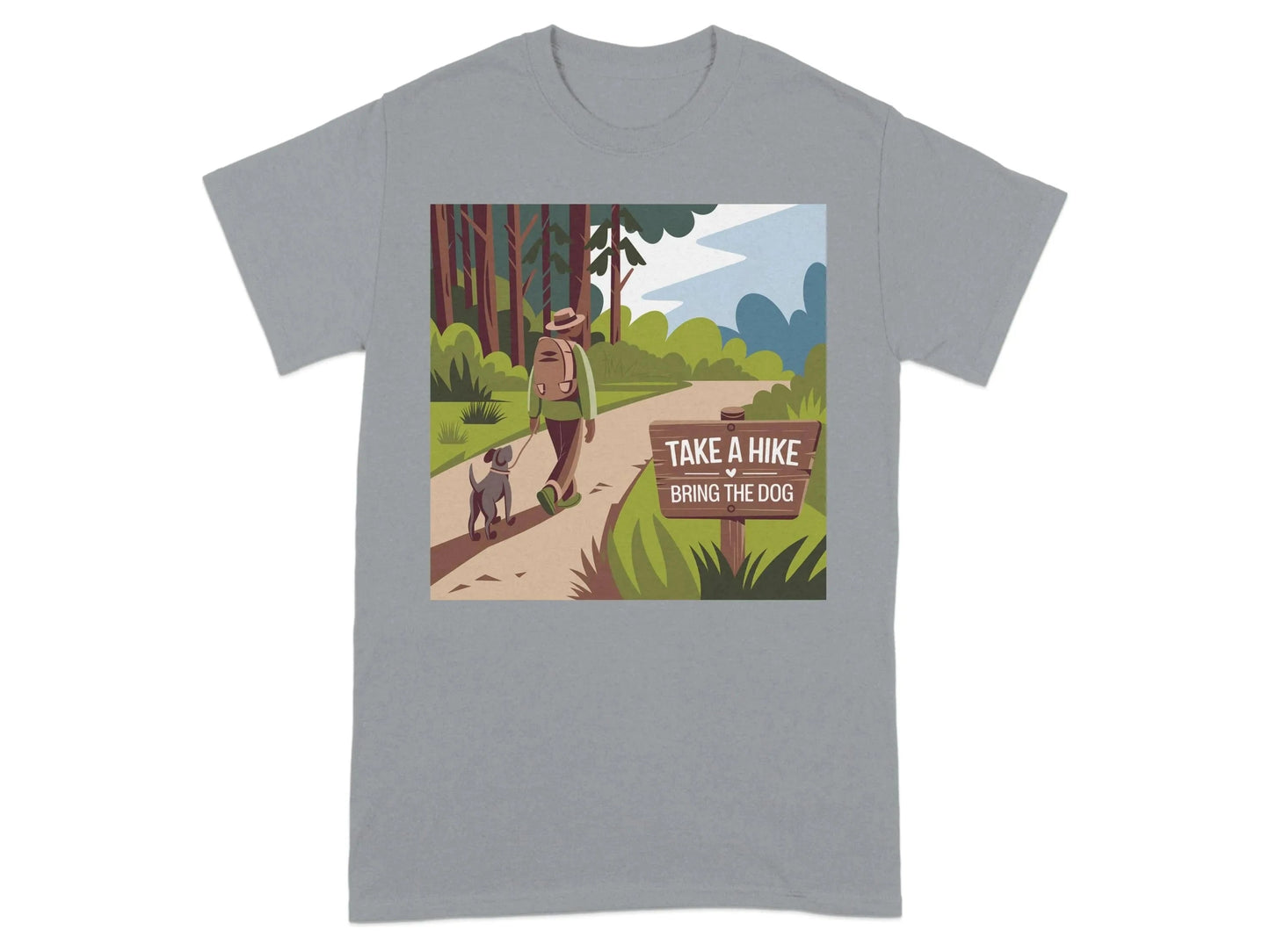 Scenic Forest Trail Print with Hiker and Dog T-Shirts Gravel T-shirt