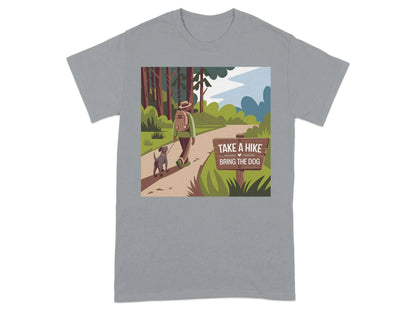 Scenic Forest Trail Print with Hiker and Dog T-Shirts Gravel T-shirt