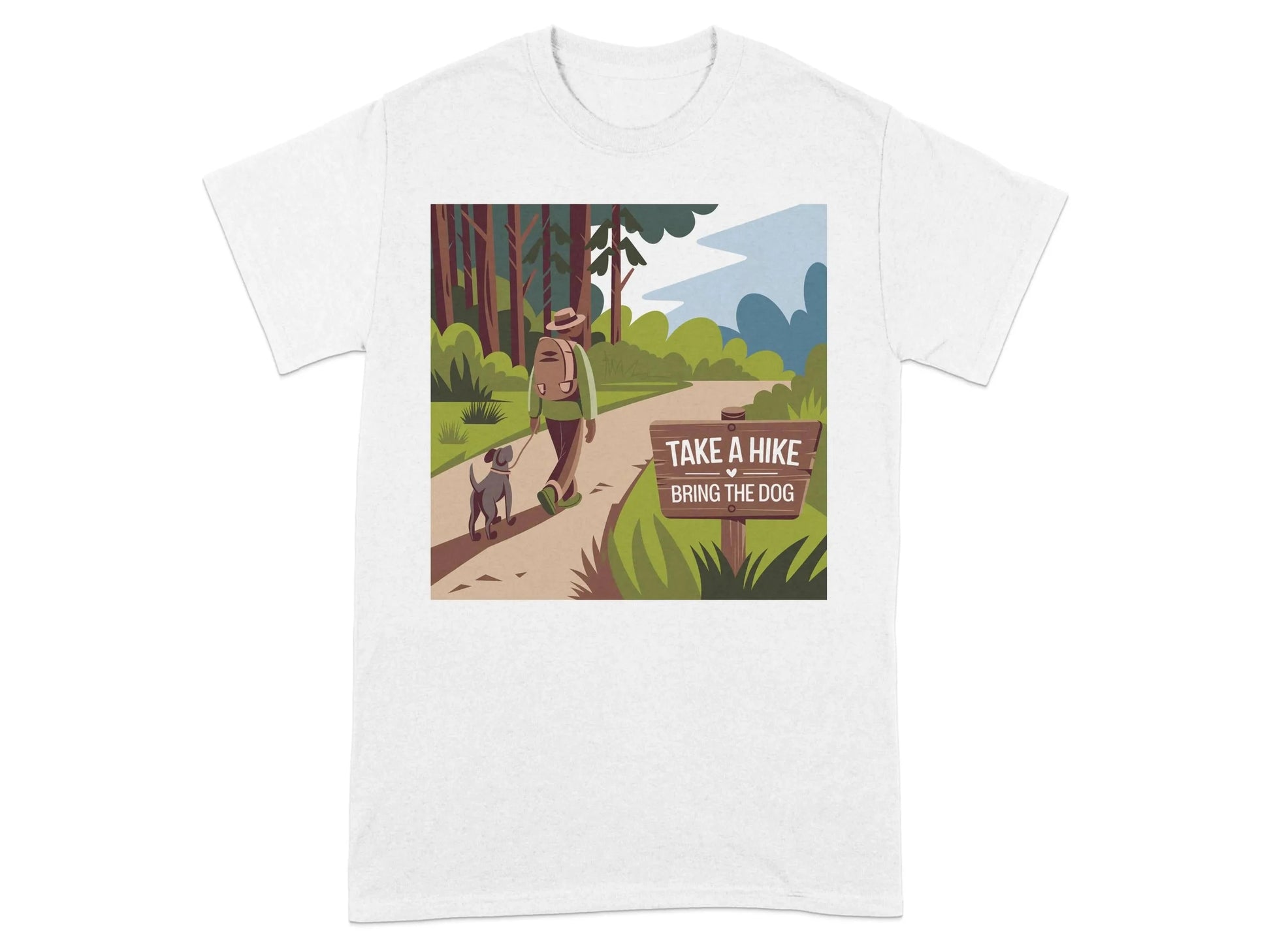 Scenic Forest Trail Print with Hiker and Dog T-Shirts White T-shirt