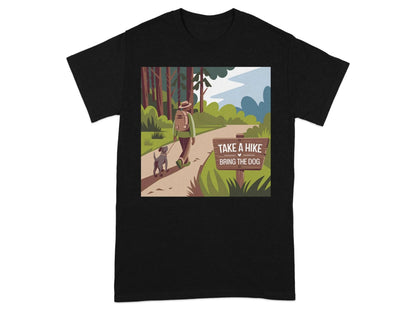 Scenic Forest Trail Print with Hiker and Dog T-Shirts Black T-shirt