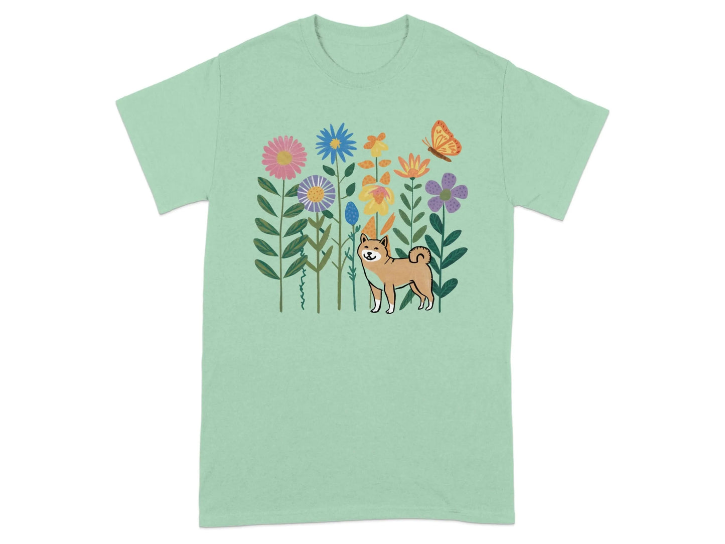 Shiba Inu and Floral Garden T-Shirts Mint Green T-shirt