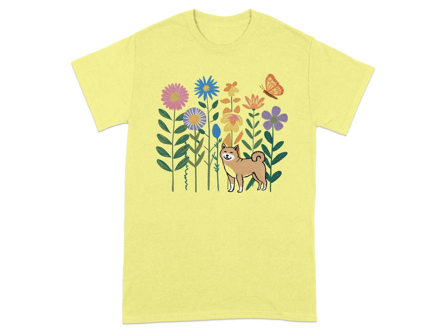 Shiba Inu and Floral Garden T-Shirts Cornsilk T-shirt