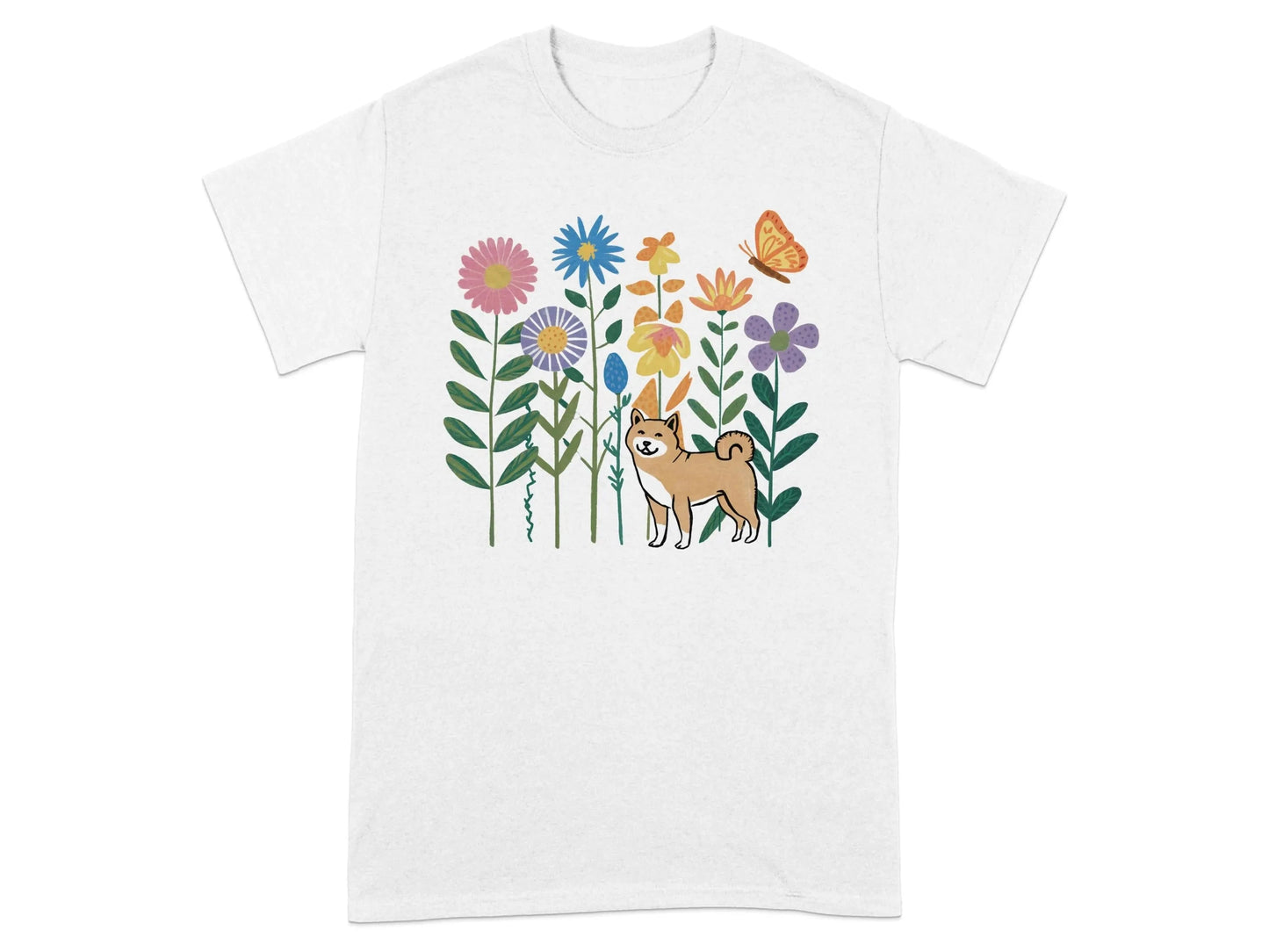Shiba Inu and Floral Garden T-Shirts White T-shirt