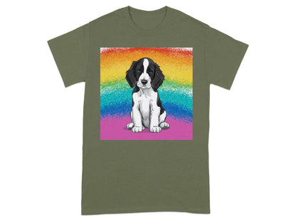Springer Spaniel Puppy with Rainbow Backdrop Design T-Shirts Military Green T-shirt