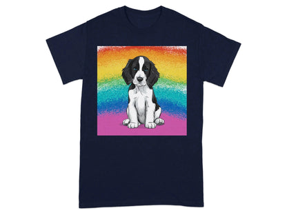 Springer Spaniel Puppy with Rainbow Backdrop Design T-Shirts Navy Blue T-shirt