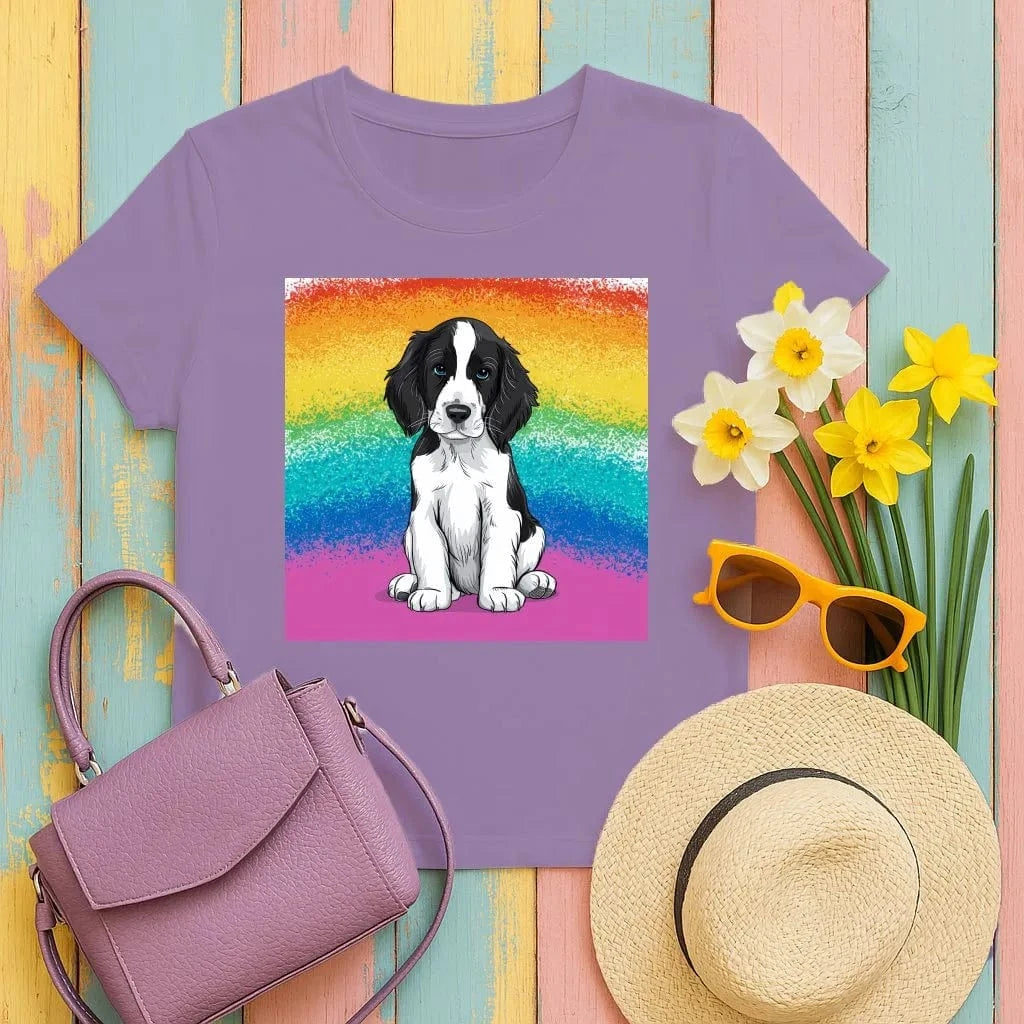 Springer Spaniel Puppy with Rainbow Backdrop Design T-Shirts T-shirt