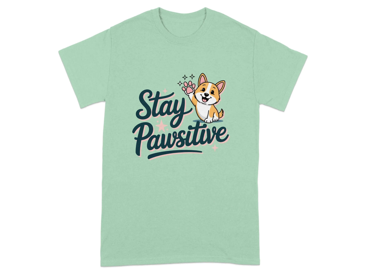 Stay Pawsitive Cute Corgi Illustration T-Shirts Mint Green T-shirt