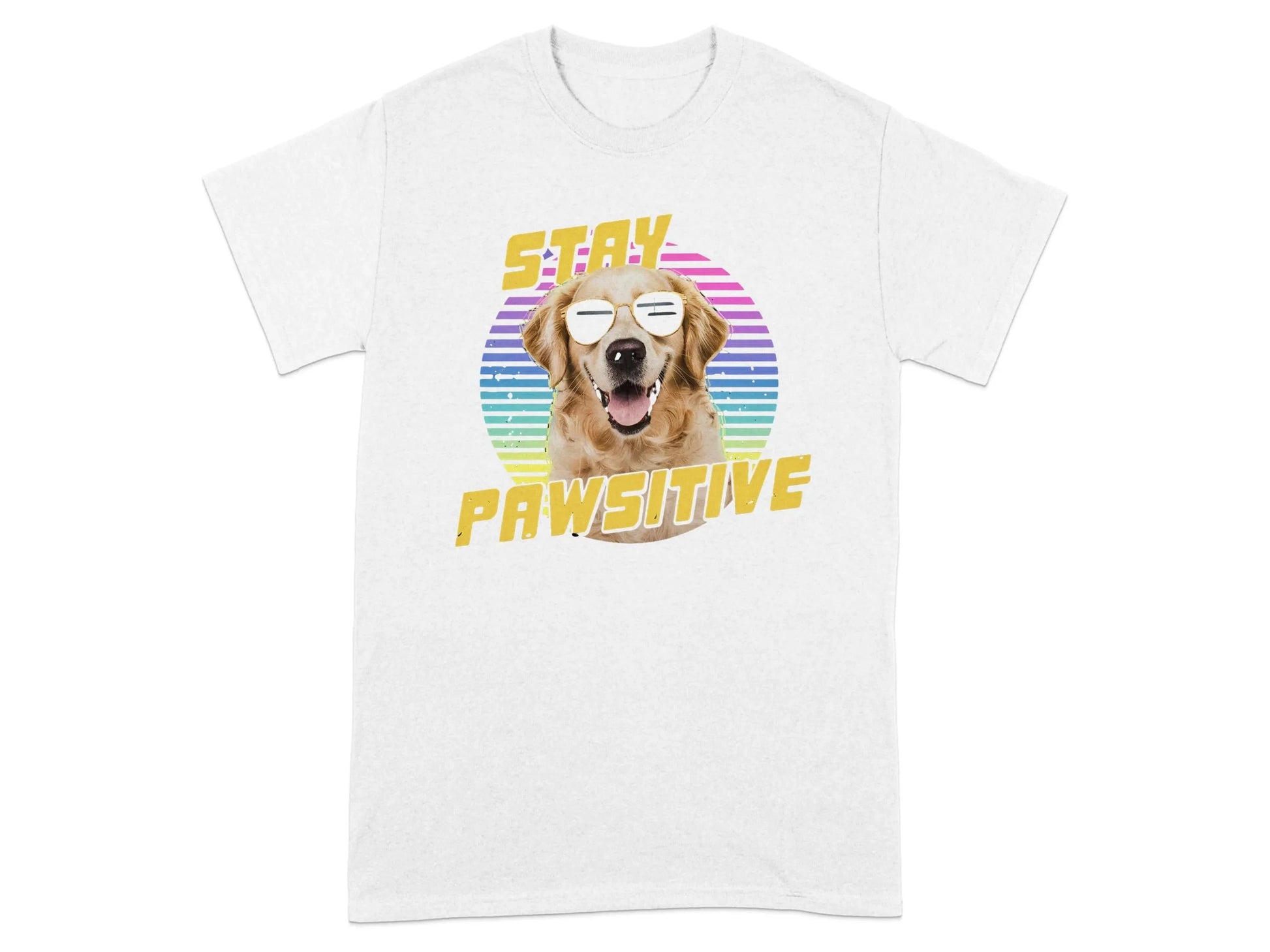 Stay Pawsitive Rainbow Dog Printed T-Shirts White T-shirt