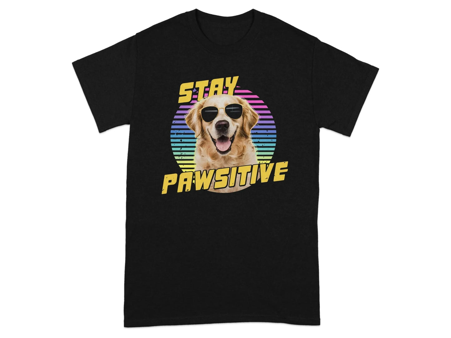 Stay Pawsitive Rainbow Dog Printed T-Shirts Black T-shirt