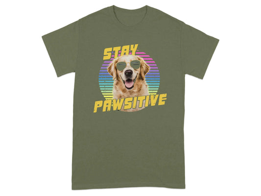 Stay Pawsitive Rainbow Dog Printed T-Shirts Military Green T-shirt