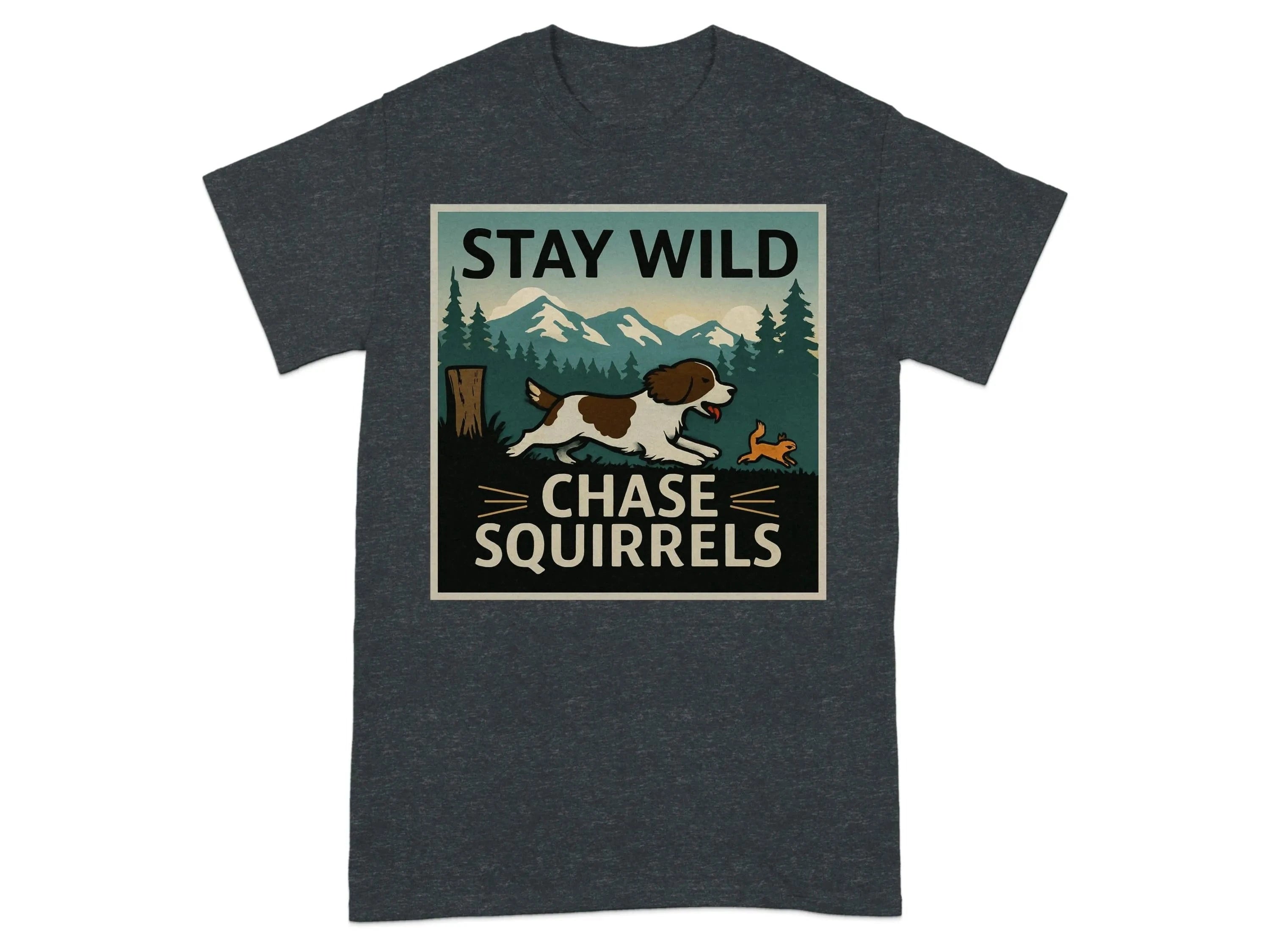 Stay Wild Chase Squirrels Springer T-Shirts Dark Heather Grey T-shirt